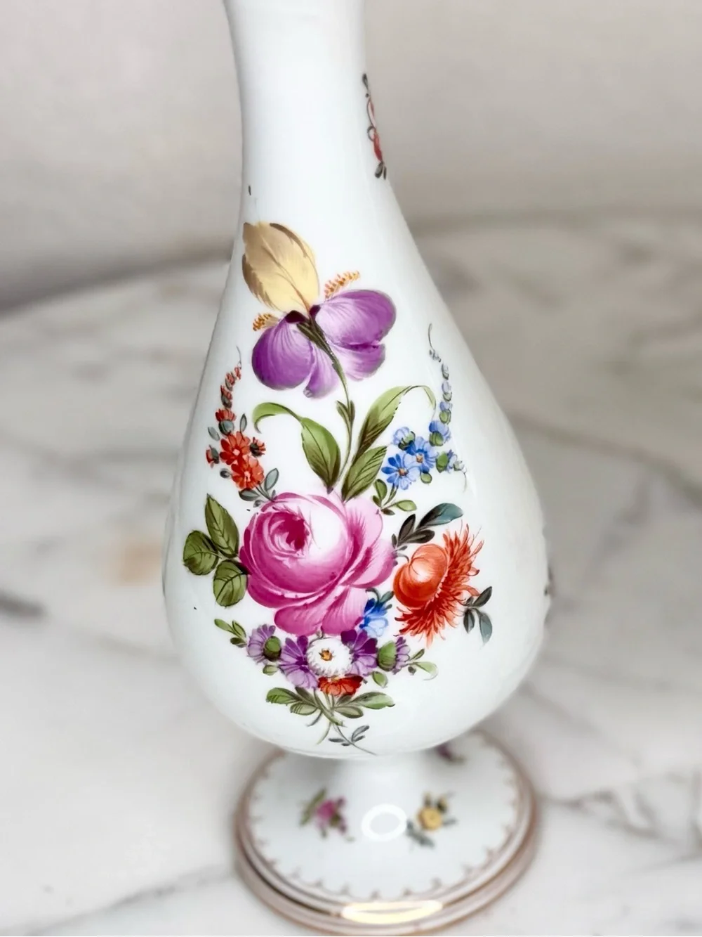 Germany antique Hand Painted Dresden trumpet style. vase pair or candle holders